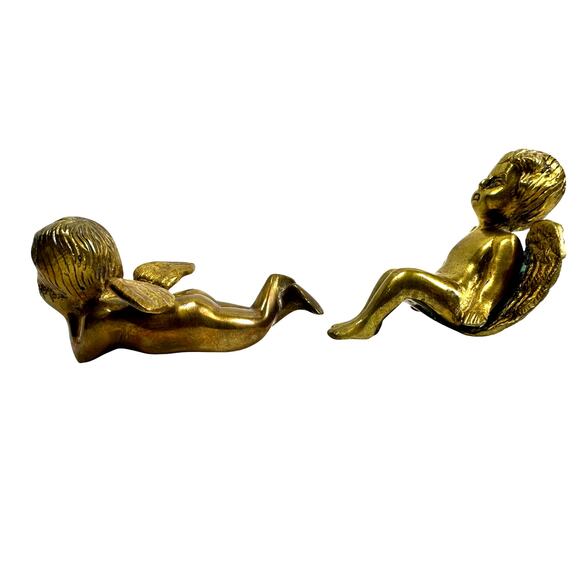 Heavy Brass Pair of Cherubs-Adorable Shelf Sitter and Reclining Styles! - Picture 5 of 7
